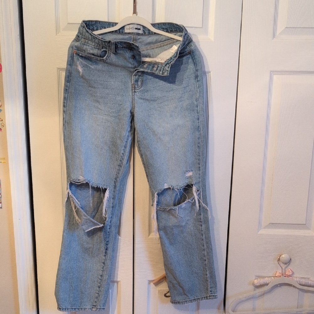 Fashion Nova Light Blue Distressed Straight Leg Jeans